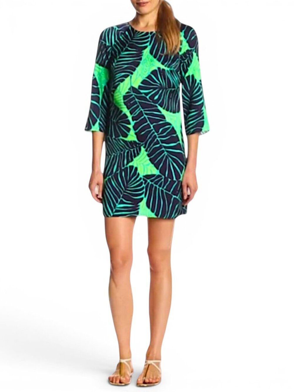 Lilly Pulitzer Under The Palms Carol Shift Mini 3/4 Sleeve Tropical Dress Sz 00